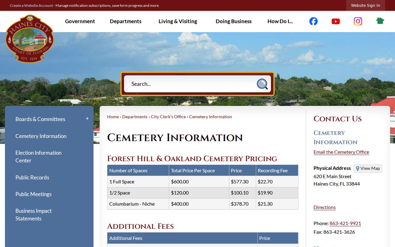 Haines City cemetery information page for Forest Hill and Oakland burial records