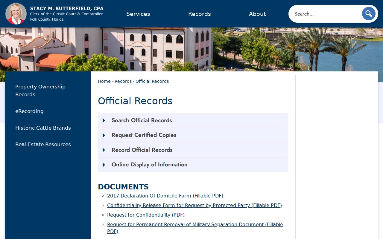 Polk Clerk page showing modern Official Records and Historical Deeds coverage