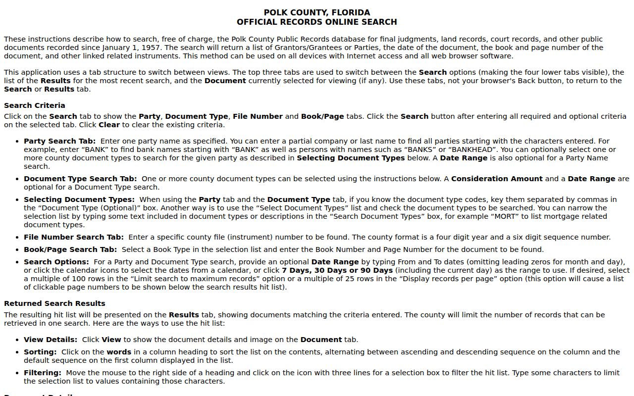 Polk Official Records help showing party, document, date, and image search guidance